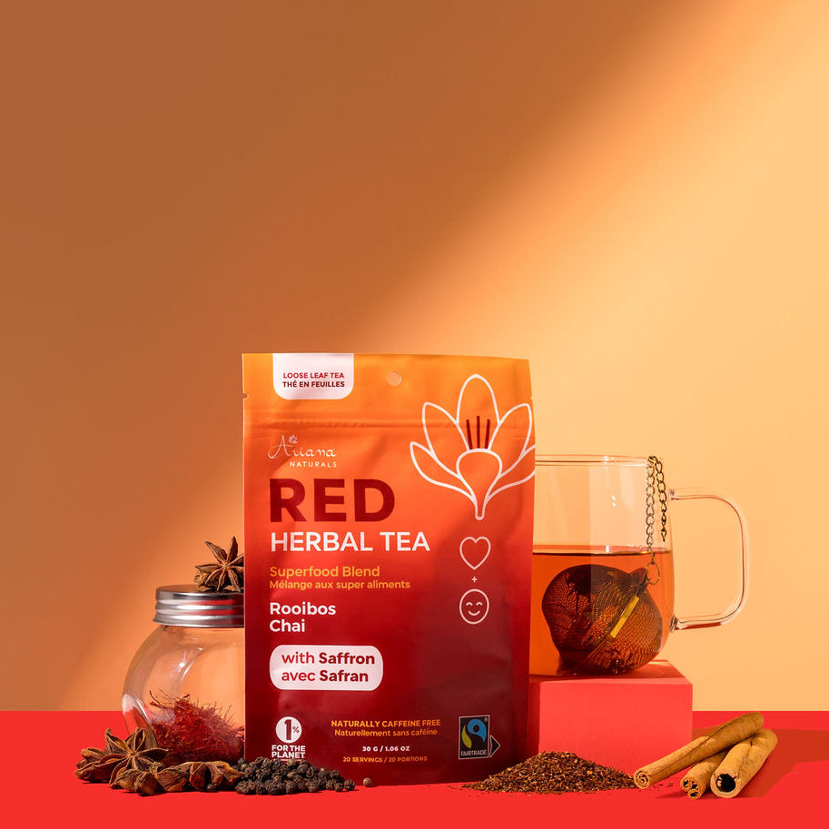 Red herbal tea package with tea ingredients on an orange background