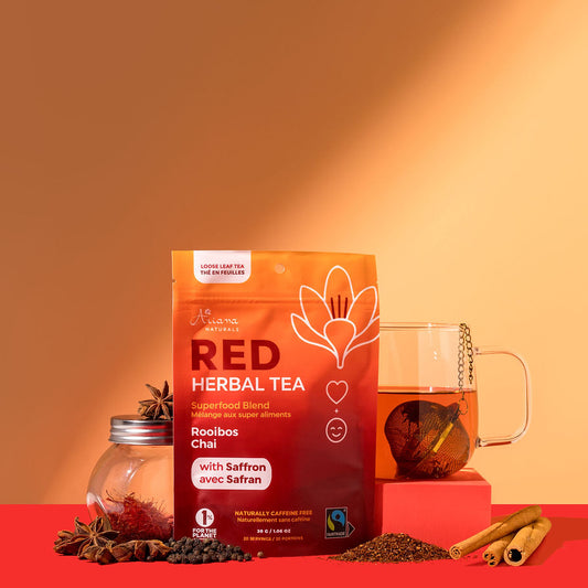 Red herbal tea package with tea ingredients on an orange background