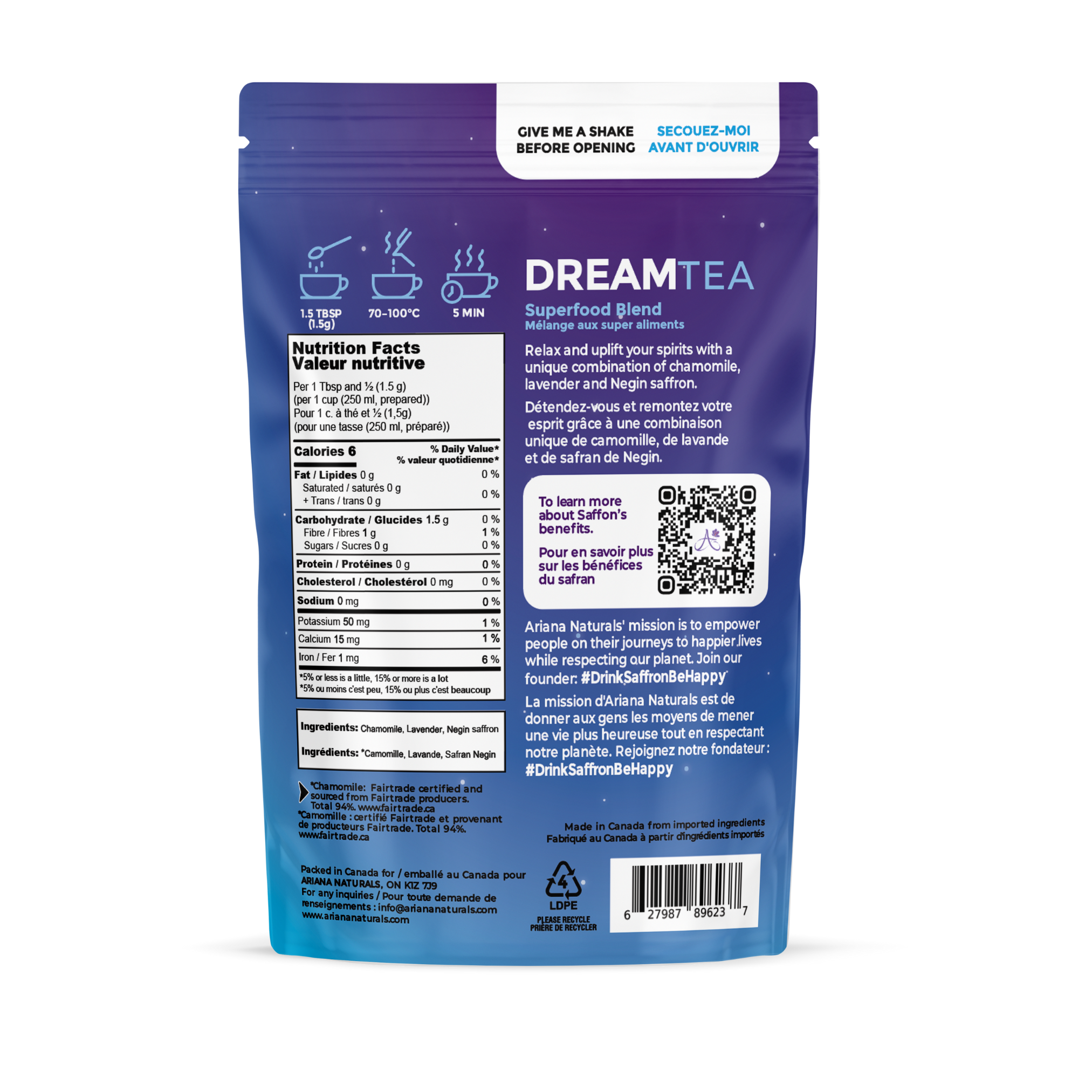 The back of the Ariana Naturals Dream Tea Packaging, showing Nutrition Facts, and how to use, plus more info.