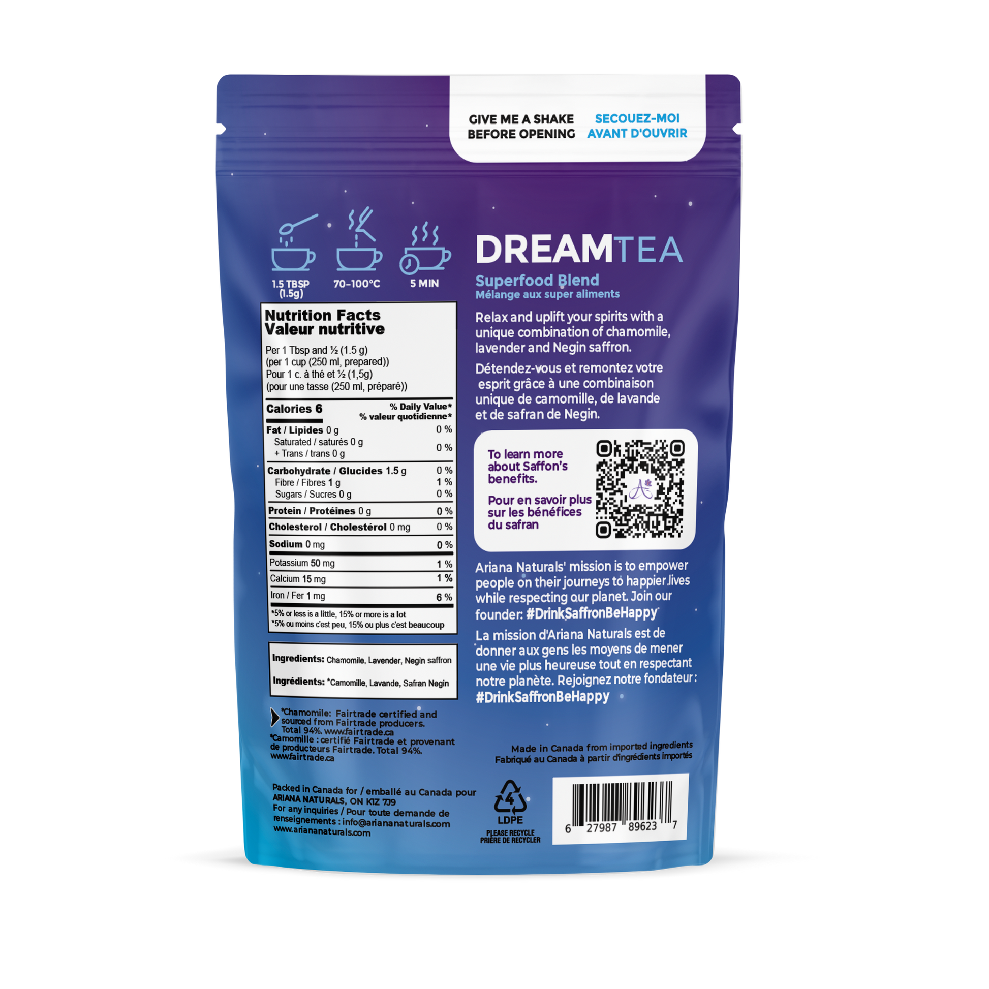 The back of the Ariana Naturals Dream Tea Packaging, showing Nutrition Facts, and how to use, plus more info.